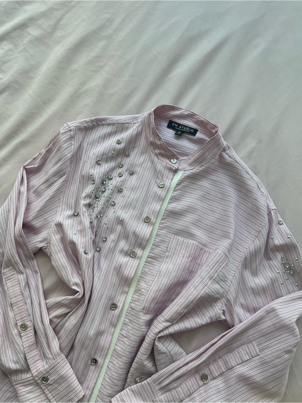 Rebecca Minkoff RM Studio pink striped button down embellished button down top 💓